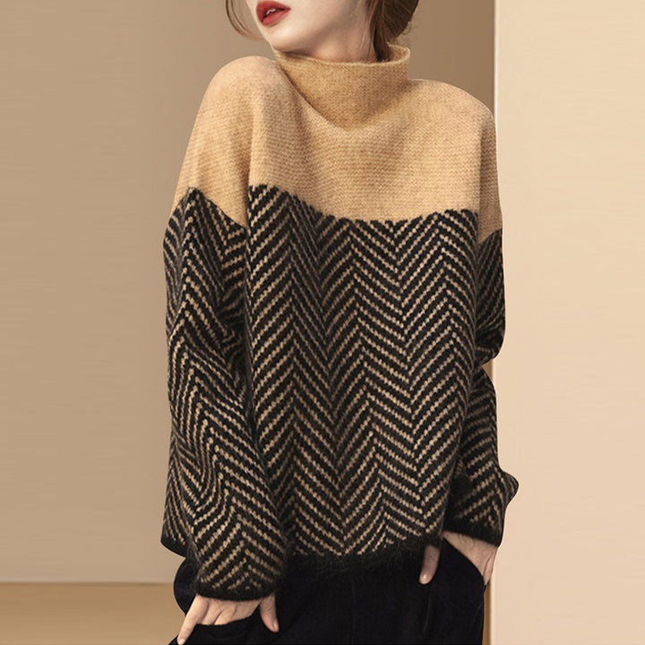 Dame stilfuld sweater med zigzag mønster og høj krave Stilla