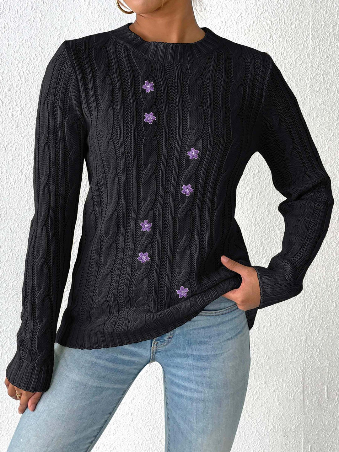 Damer Stor strikpullover med dekorative blomsterapplikationer Stilla