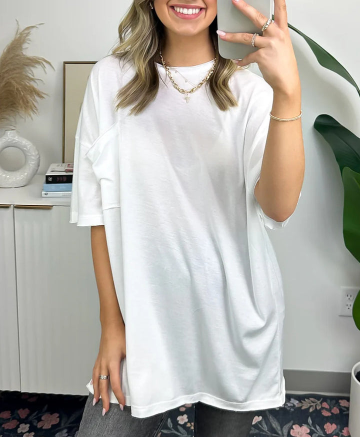 Dame behagelig oversized T-shirt med brystlomme i let stof Stilla