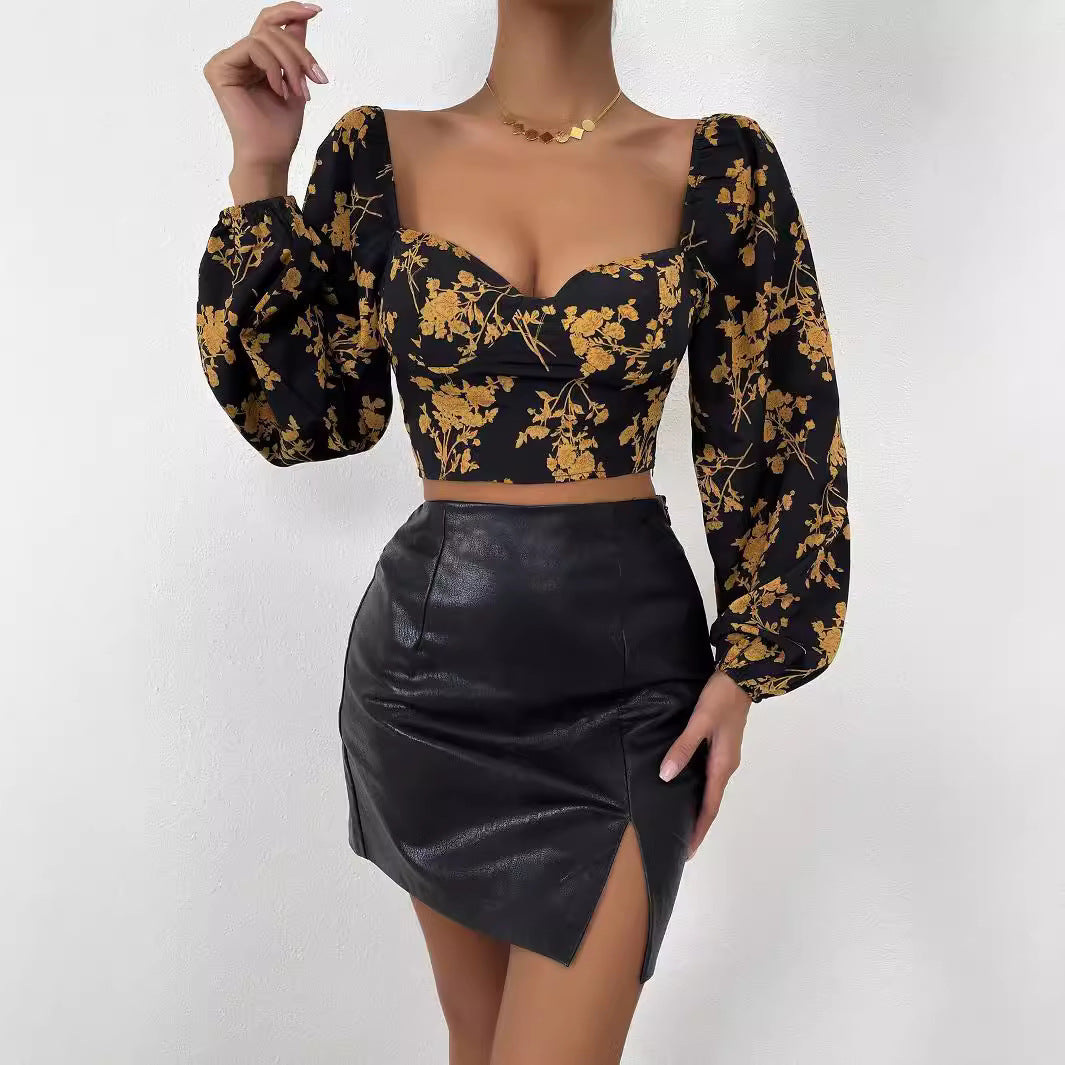 Dame Crop Top med blomstertryk og elegant pufærme Stilla