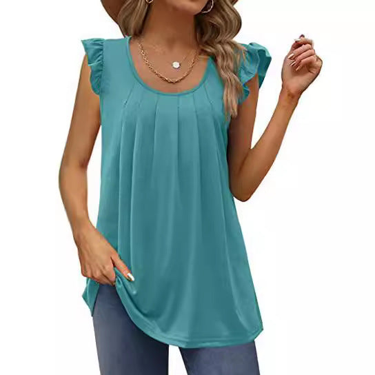 Dame luftigt bluse shirt med elegant flæse design Skovae