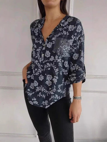 Dame blouse top med blomstermønster og glitrende pailletter Stilla