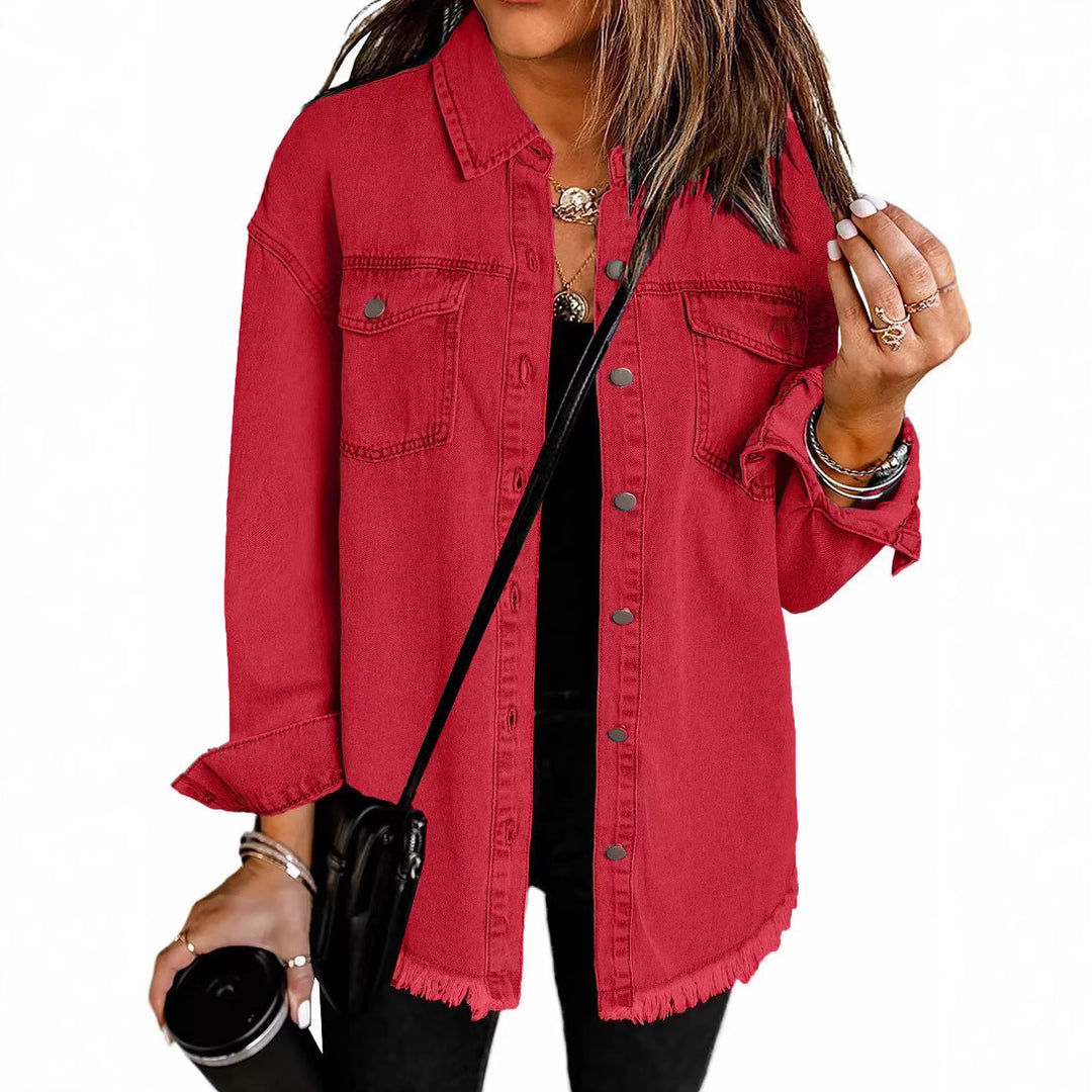 Dame Denim Skjortejakke i afslappet Oversized-stil med frynser Stilla