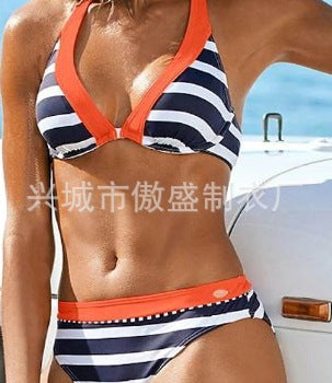 Dame triangel-bikini-sæt med maritimt stribe mønster og sporty design Stilla