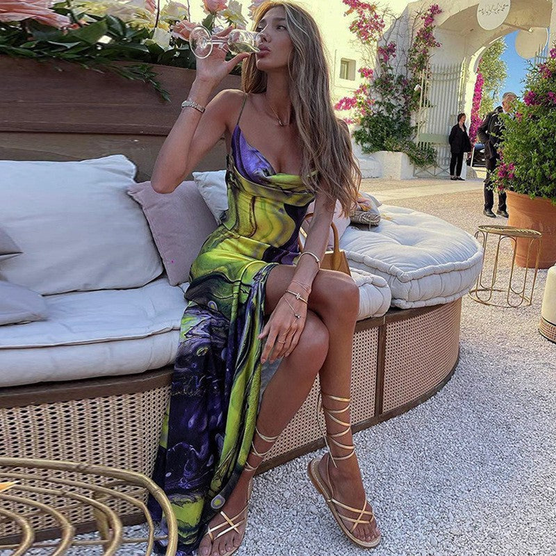 Femme Elegante Cowl Neck Maxi Kjole med Slids Stilla