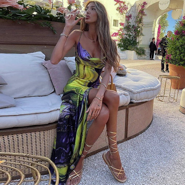 Femme Elegante Cowl Neck Maxi Kjole med Slids Stilla