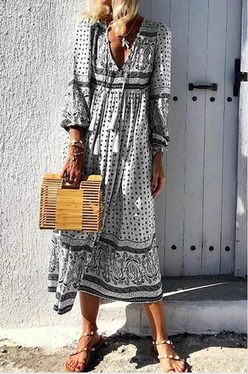 Dame Boho-Midi kjole med fine detaljer og smart mønster Stilla