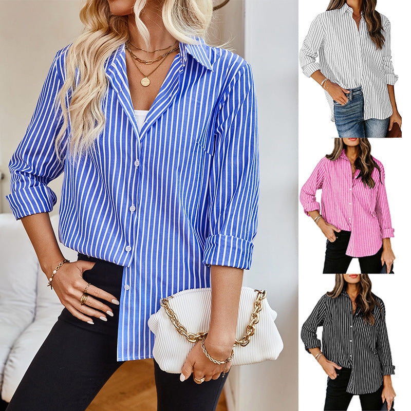 Dame designer mode stribet bluse med lange ærmer Stilla