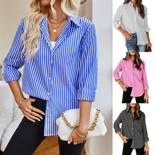 Dame designer mode stribet bluse med lange ærmer Stilla