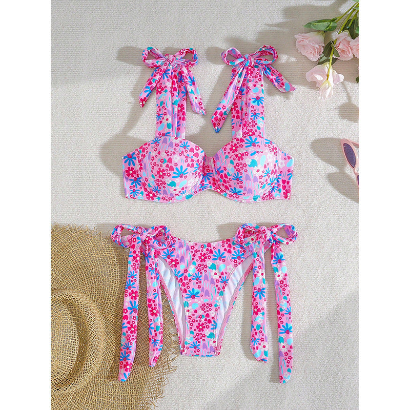 Dame bandeau-bikini med blomster sløjfe detaljer Skovae
