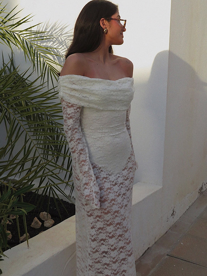 Dame Rynked Maxikjole med off-shoulder design og voluminøse ærmer Stilla