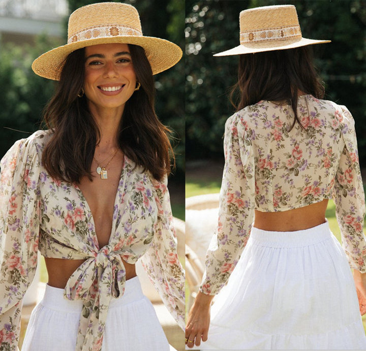 Kvinders korte crop top med blomstermønster og bindebælte Stilla