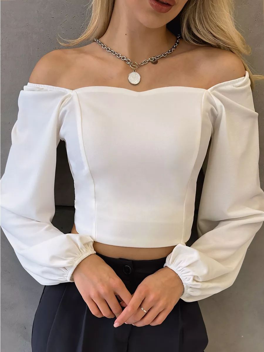 Dame cropped bluse med firkantet udskæring og voluminøse ærmer Stilla