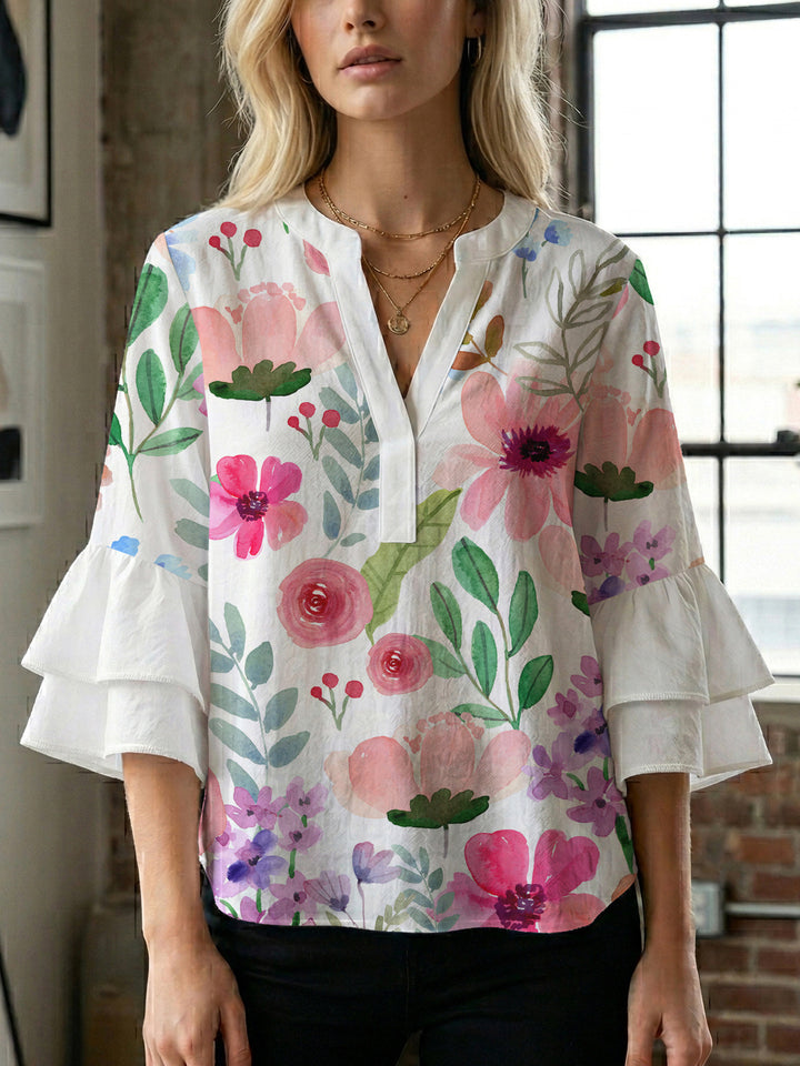 Dame elegant top med voluminøse flæsekanter og blomsterdesign Skovae