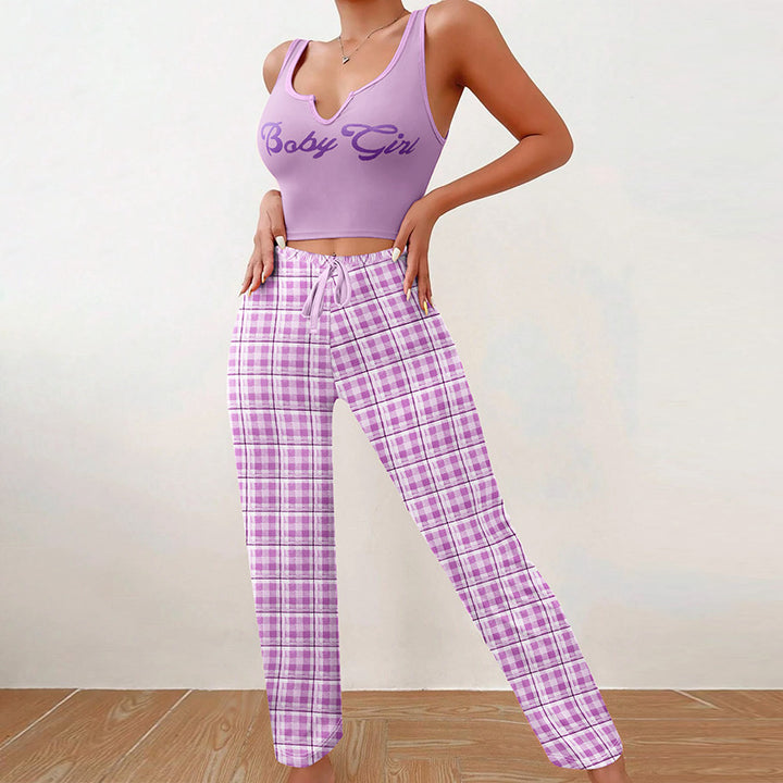 Dame afslappet Crop Top og ternet Bukser Sæt med justerbar linning Stilla