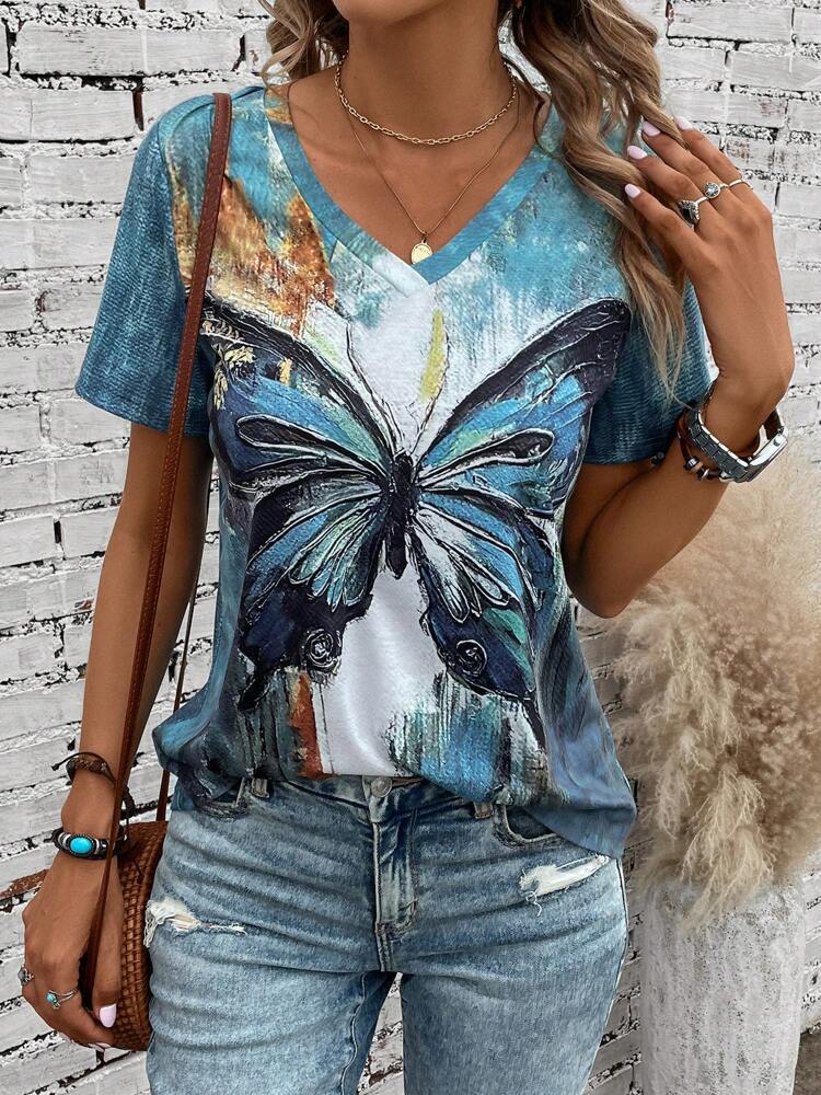 Dame V-hals T-shirt med kunstnerisk sommerfugletryk og afslappet pasform Stilla