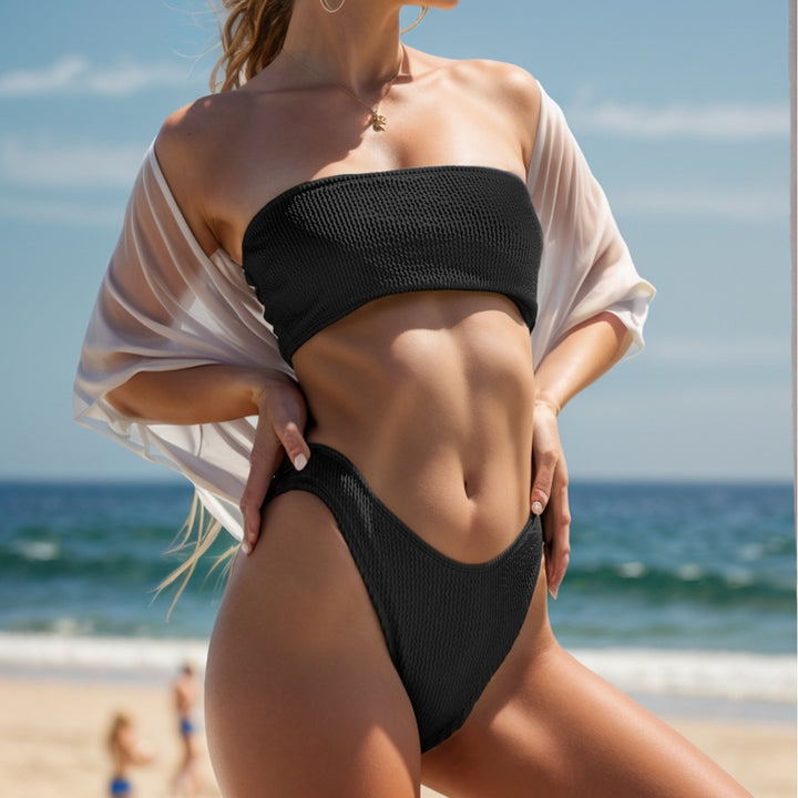 Dame Bandeau-Bikini-sæt med højt benudskæring og glat stof Stilla
