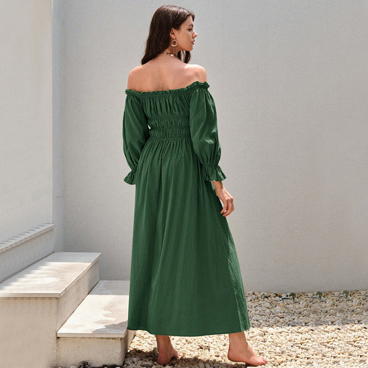 Kvindernes maxi kjole i elegant off-shoulder stil med samlede puffærmer Stilla
