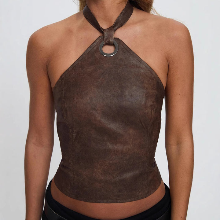 Dame Crop-Top i høj kvalitet kunstlæder med elegant halterdesign Skovae