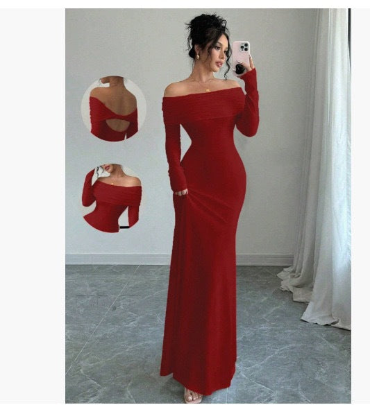 Damer Elegant Off-Shoulder Maxikjole med tætsiddende snit og lange ærmer Skovae