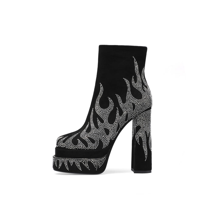 Femme Platform Chunky Støvler med Flamme mønster og Rhinsten dekorationer Stilla