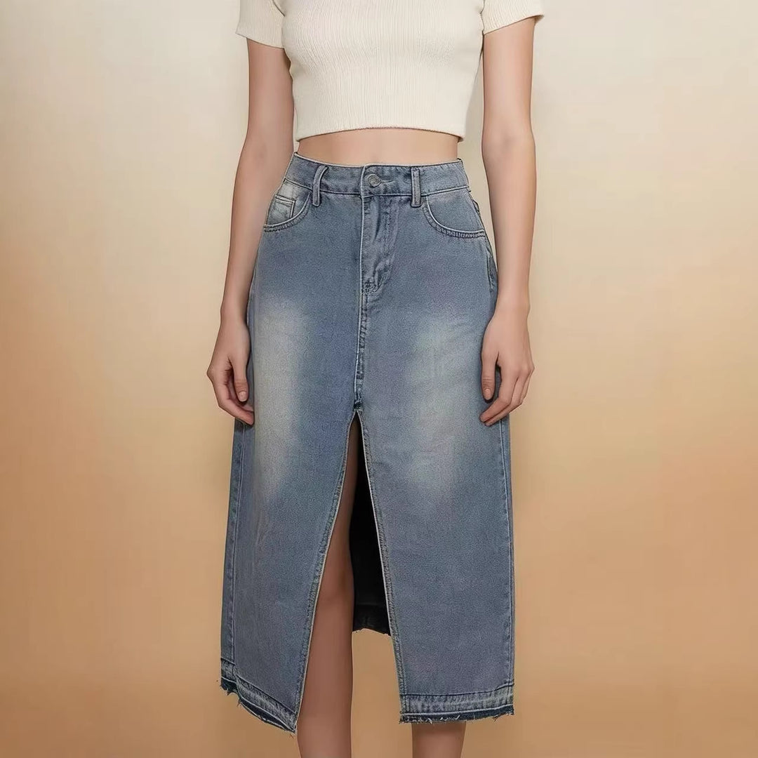 Damer Midi-Denim-nederdel med høj slids og frynset kant Skovae