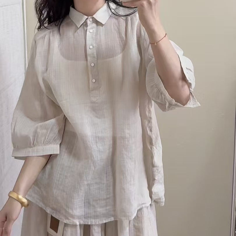 Femme Klassisk Linned Knap-Bluse Stilla