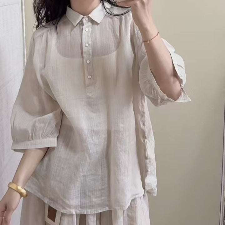 Femme Klassisk Linned Knap-Bluse Stilla