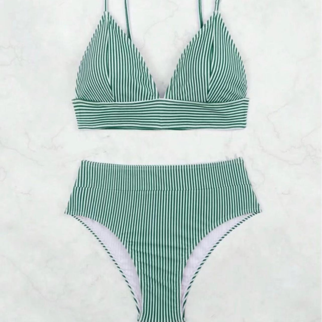 Dame Højtaljet Bikini-Sæt med sportslig pasform og moderne stribe mønster Stilla