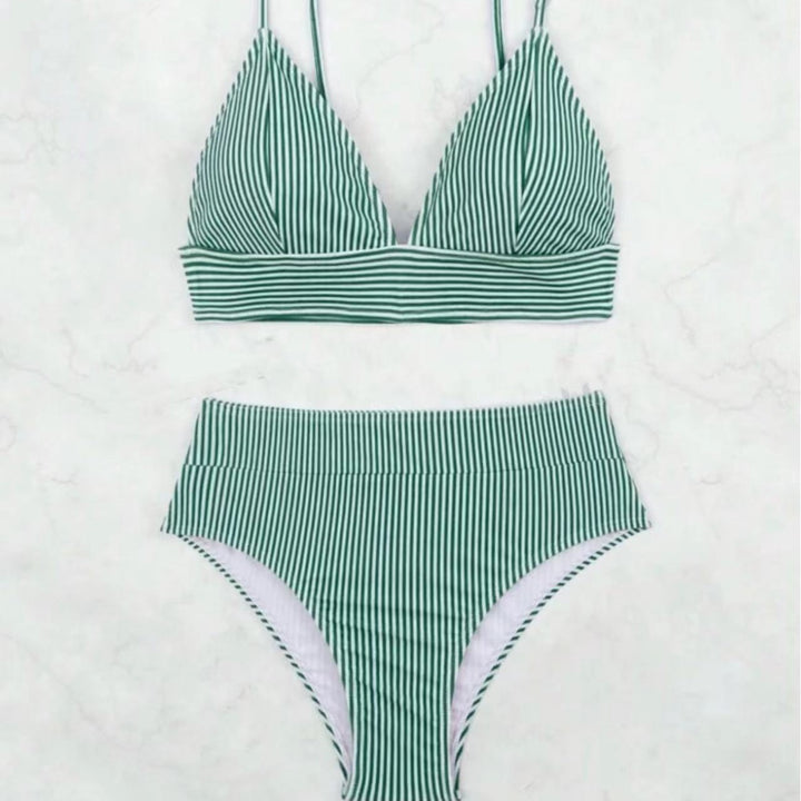 Dame Højtaljet Bikini-Sæt med sportslig pasform og moderne stribe mønster Stilla