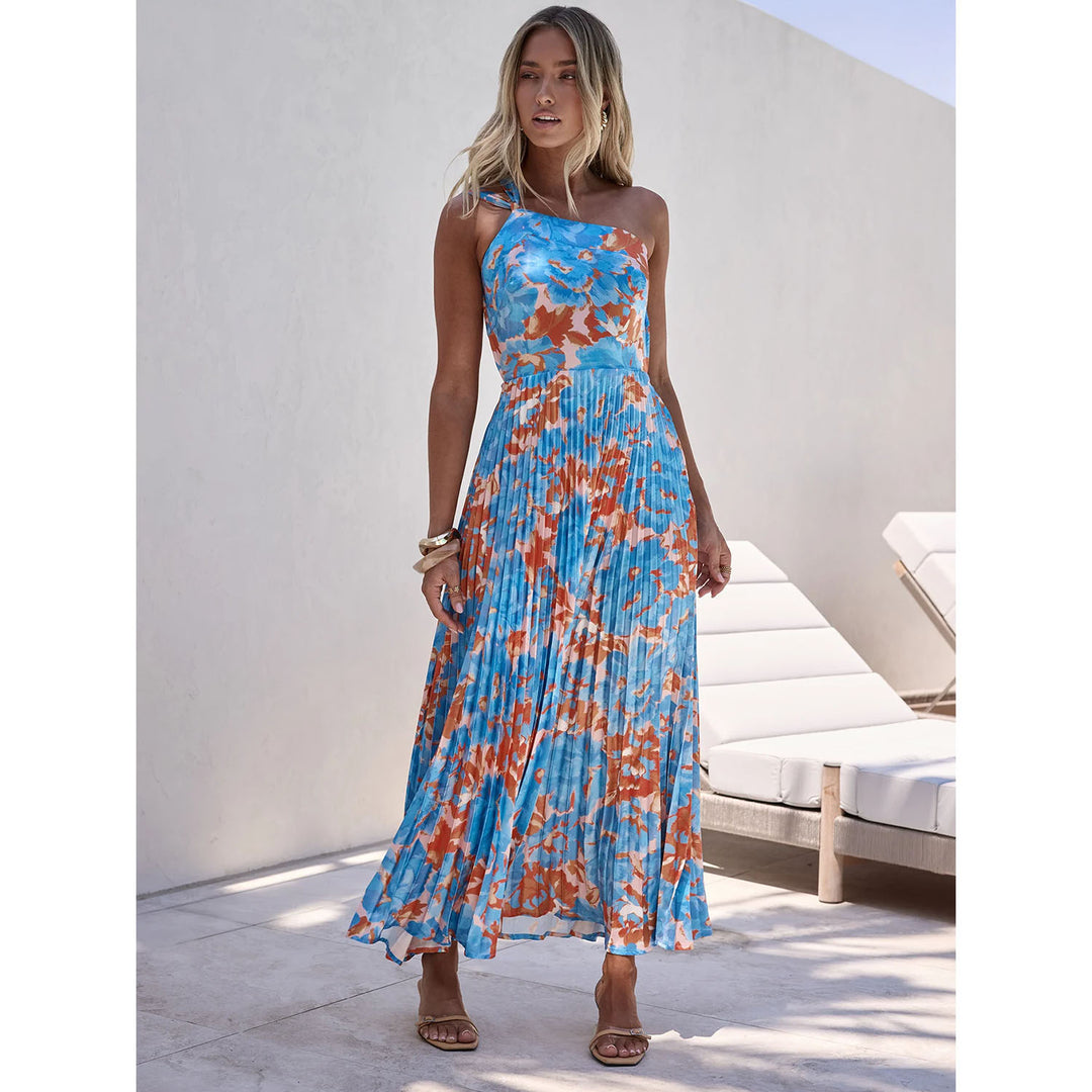 Dame maxi kjole med svingende plisseret nederdel og feminin blomsterdesign