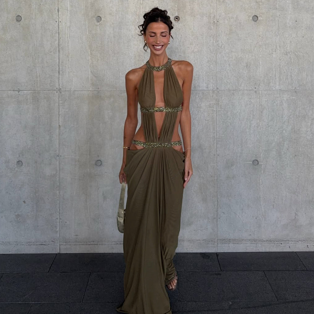 Damen elegantes Cut-Out Maxikleid mit Glitzerakzenten Skovae