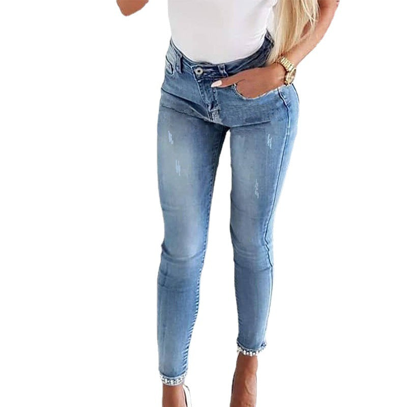 Dame Slim Fit Jeans med højt skåret talje og frynset kant Stilla