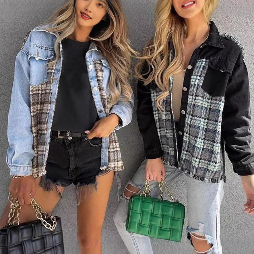 Dame Oversized Jeansjakke med ternet front og vintage-detaljer Stilla