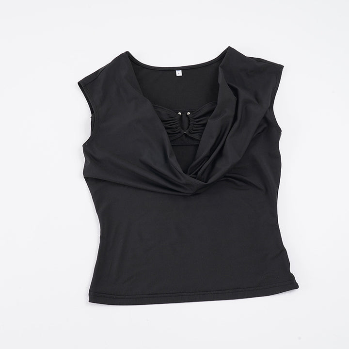 Dame elegant V-hals top med dekorativt flæseelement Skovae