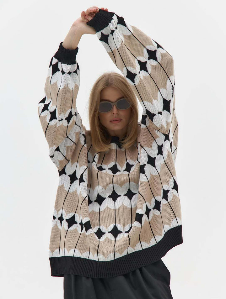 Kvindernes mønstrede oversized sweater med voluminøse ærmer og elastiske manchetter Stilla
