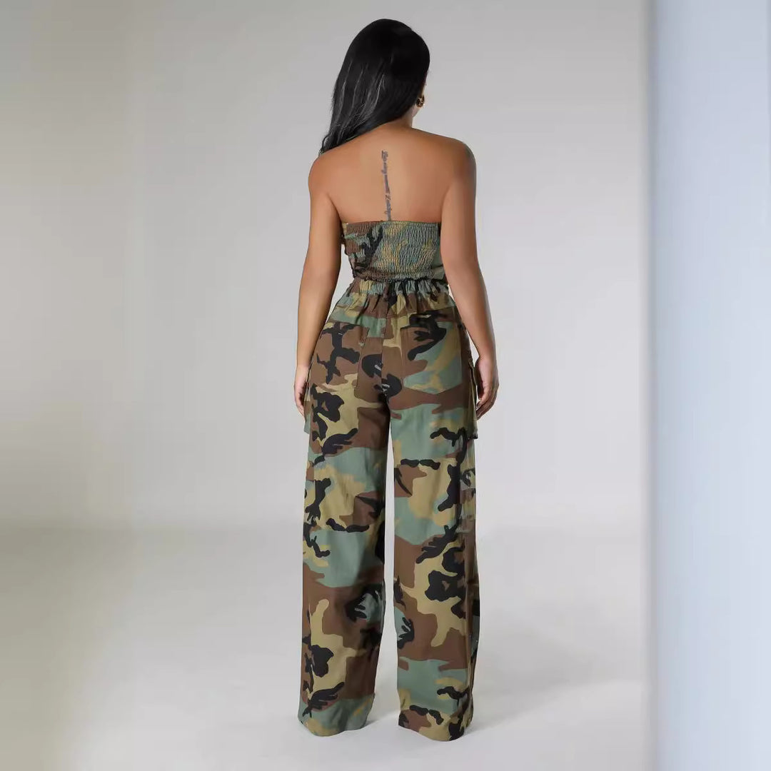 Dame raffineret jumpsuit i camouflage-design med taljebånd Stilla