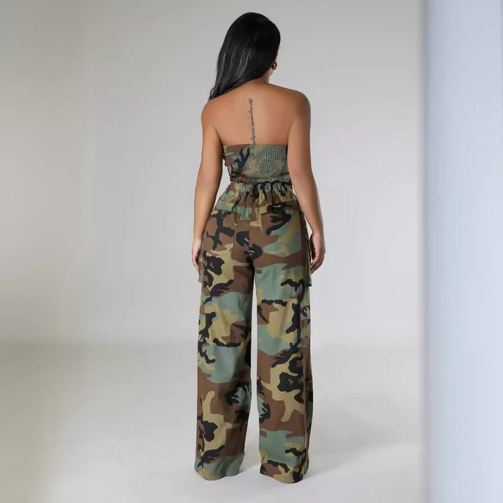 Dame raffineret jumpsuit i camouflage-design med taljebånd Stilla