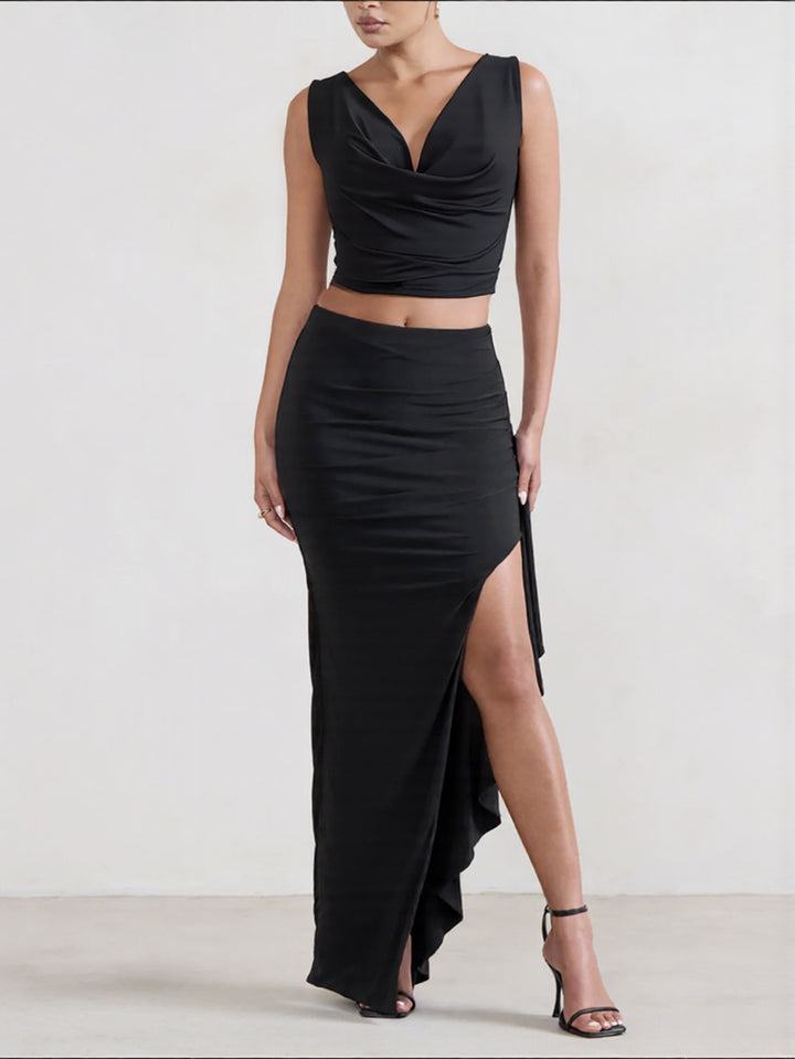 Dame Elegant Crop-Top og Maxi-Nederdel Sæt med høj slids Skovae