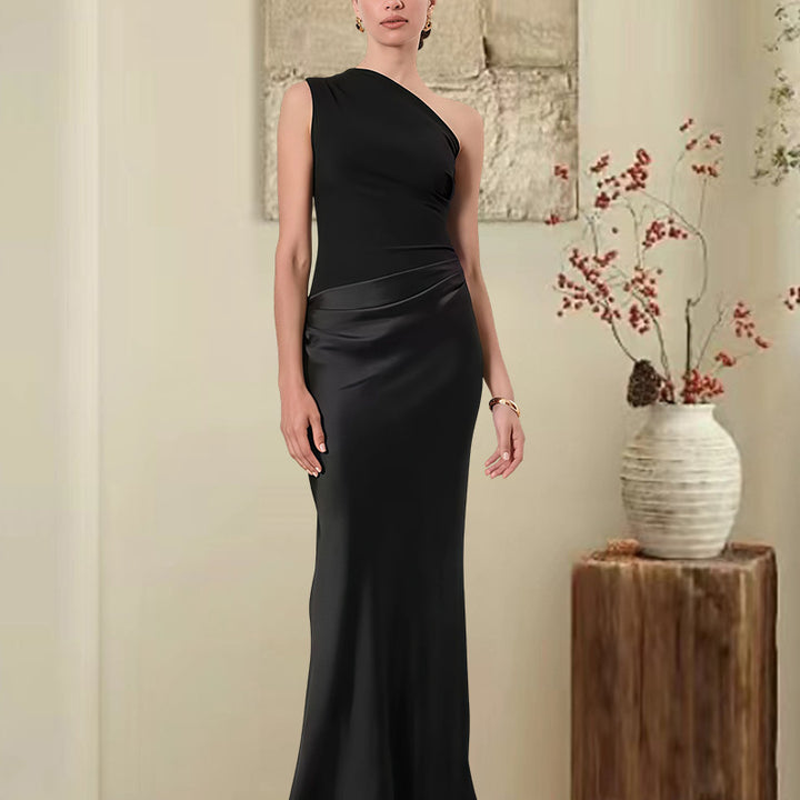 Damer Elegant Asymmetrisk Aftenkjole med Glitrende Satin Skovae
