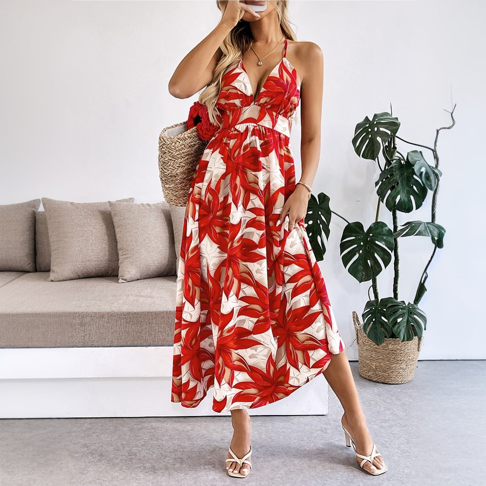 Damer maxi kjole med blomstermønster og fine spaghetti stropper Stilla