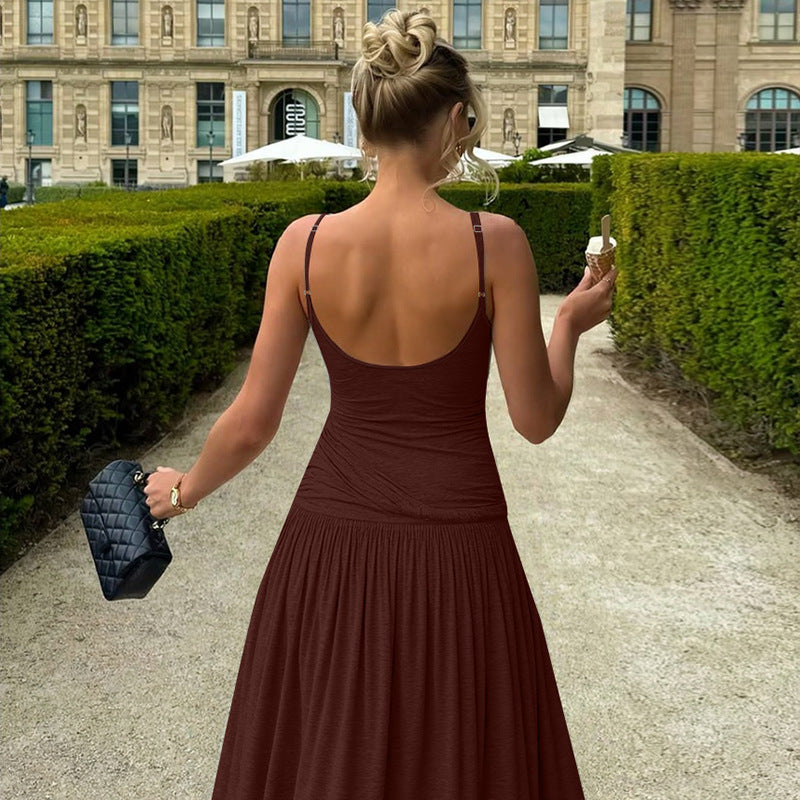 Dame Elegant Maxikjole med Drapering og Spaghetti-Stropper Skovae