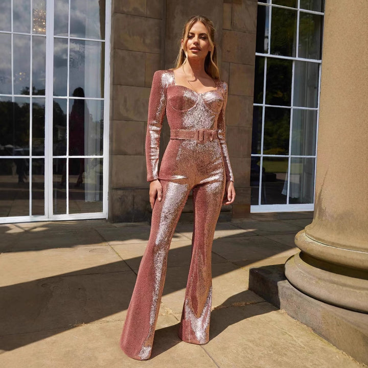 Damer Glitrende Jumpsuit med vide ben og taljebælte Stilla