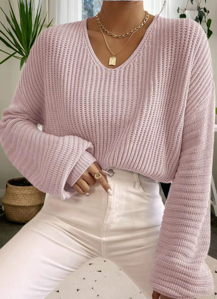 Dame afslappet sweater med bred V-hals og lange ærmer Stilla