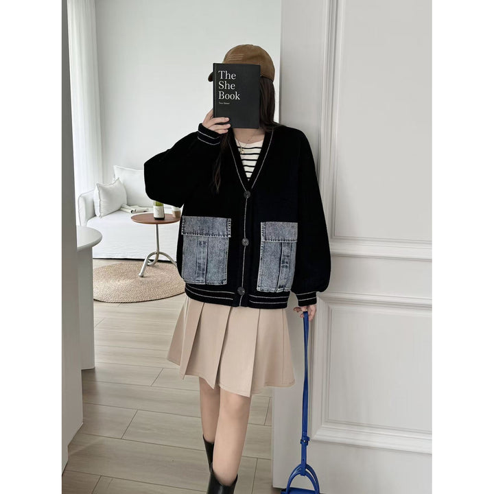 Dame mode cardigan med denim detaljer Stilla