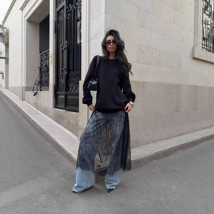 Kvindernes Casual Oversized Sweater med elegante flæsedetaljer og modebevidst gennemsigtighed Stilla