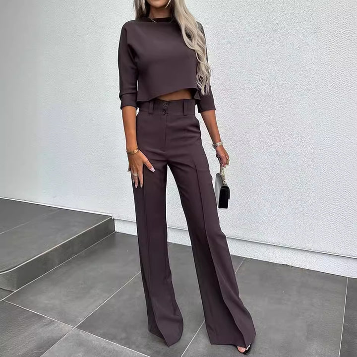 Damer Elegant To-Deljede Blazer Sæt med Høj Talje Bukser og Moderne Crop Top