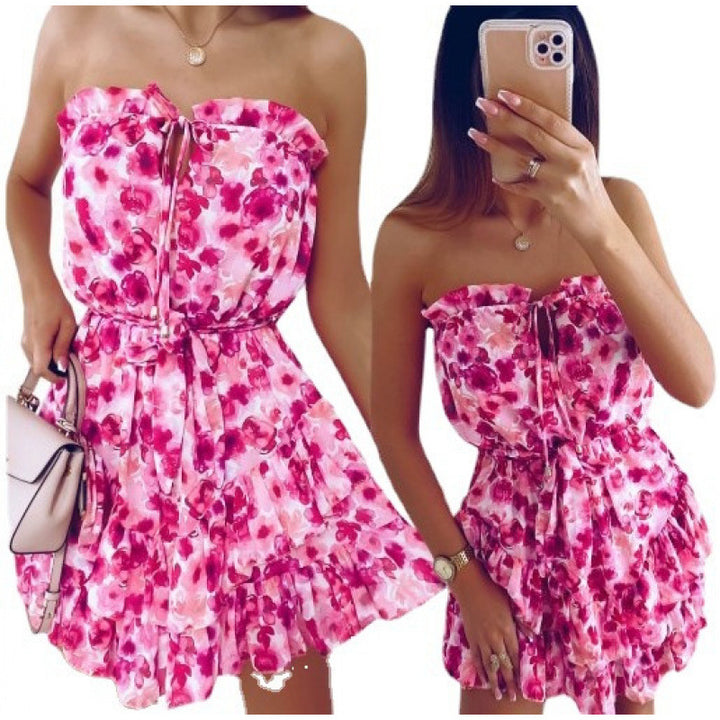 Dame Strapless Blomster Mønster Mini-Kjole med Rüschen-Saum Stilla