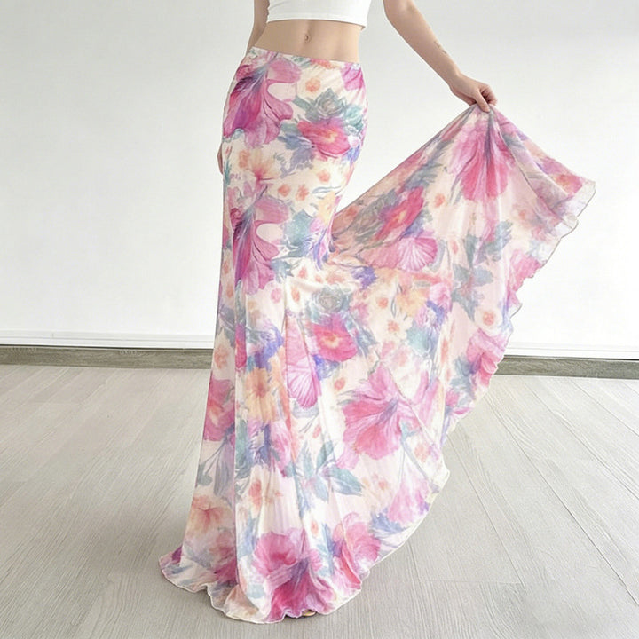 Damen Maxi-Rock mit floralen Mustern und fließendem Schnitt Skovae
