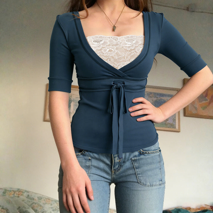 Damer wrap top med elegant sløjfe og dyb V-udskæring Skovae